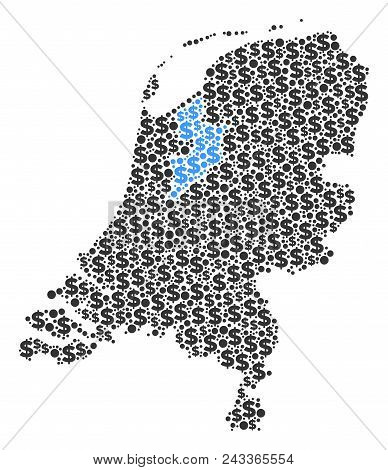 Netherlands Map Collage Of Dollar Symbols And Round Points In Various Sizes. Abstract Vector Economi
