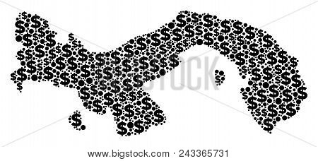 Panama Map Mosaic Of Dollar Symbols And Round Dots In Various Sizes. Abstract Vector Financial And G