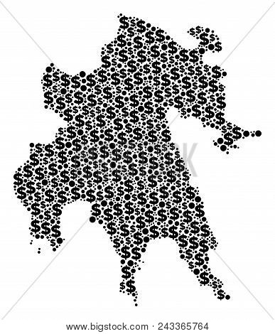 Peloponnese Peninsula Map Composition Of Dollar Signs And Spheric Spots In Different Sizes. Abstract