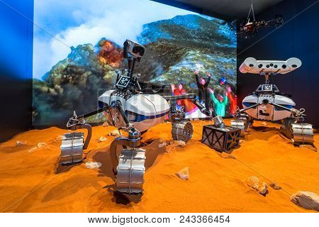 Berlin - April 26, 2018: Moon Rover Robex. German Aerospace Center (dlr). Exhibition Ila Berlin Air 