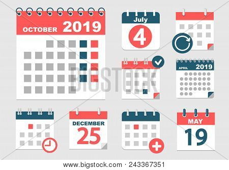 Set Of Different Calendars With Different Options For 2018-2019 Years With Dates, Holidays And Weeka