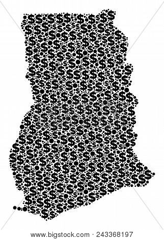 Ghana Map Collage Of Money Signs And Circle Dots In Different Sizes. Abstract Vector Banking And Gdp