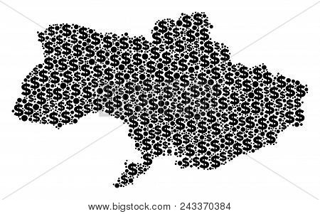 Ukraine Map Composition Of Dollars And Circle Spots In Different Sizes. Abstract Vector Cash And Gdp