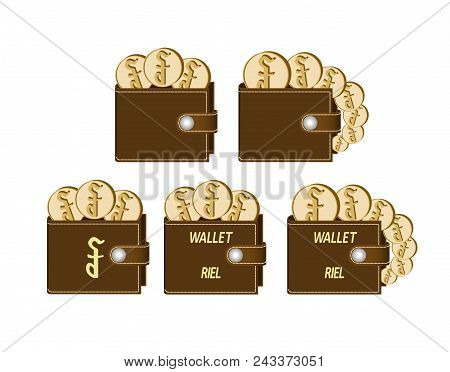 Set Of Brown  Wallets With Riel Coins On A White Background , Currency In The Wallet,sign And Symbol