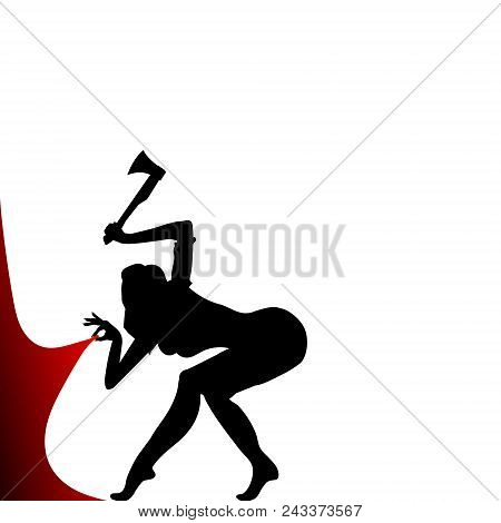 Fold The Corner Of The Page. Girl With The Axe. Woman Look Under The Vector, As Theres An Illustrati