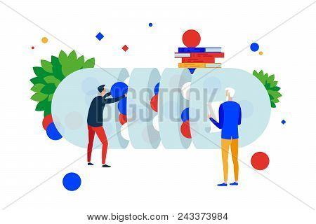 Create Cure. The Process Of Creating Drugs. Two People Create Medicinal Tablets. Vector Illustration