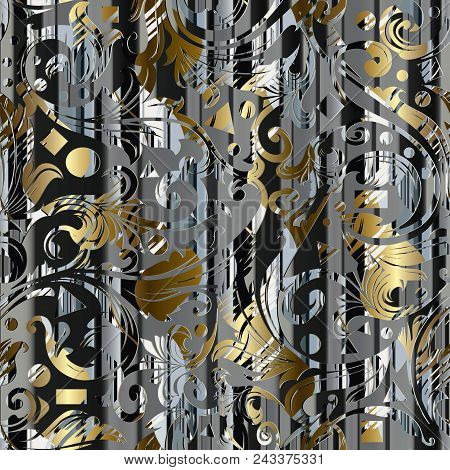 Abstract Modern Striped Geometric Seamless Pattern. Vector Floral Ornamental Creative Background. Mi
