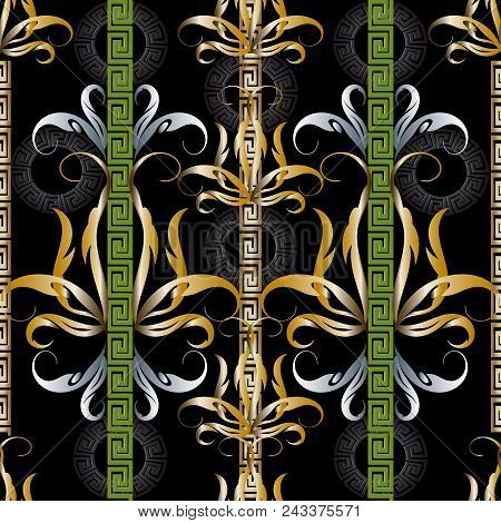 Striped Greek Key Meanders Floral 3d Seamless Pattern. Vector Ornate Decorative Vintage Background. 