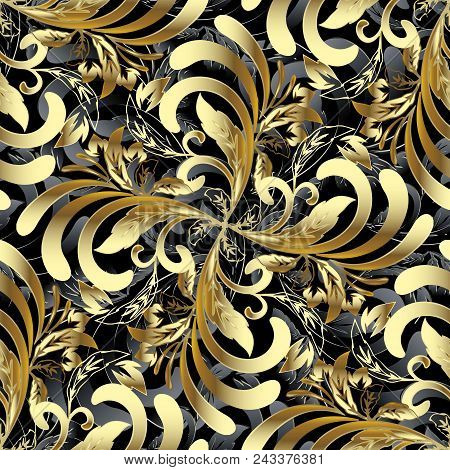 Damask Vintage Gold 3d Vector Seamless Pattern. Ornamental Decorative Background. Surface Hand Drawn