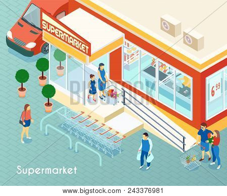 Supermarket Outdoor Isometric Background With Buyers Leaving Shop Building With Purchases Vector Ill