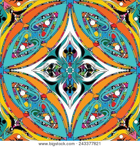Floral Ethnic Style Colorful Seamless Pattern. Vector Ornamental Patterned Background. Geometric Sha
