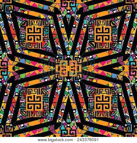 Trtibal Greek Vector Seamless Pattern. Ethnic Ornamental Geometric Background. Hand Drawn Striped Tr