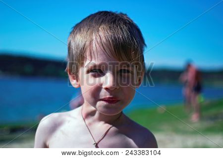 Portrait Cute Little Boy. Cutest Little Child With Blond Hair Looking At Camera Smiling. Concept Sum