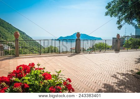 Panoramic Terrace With Flowers, Overlooking To Capri, In Sorrento, Localita Termini.