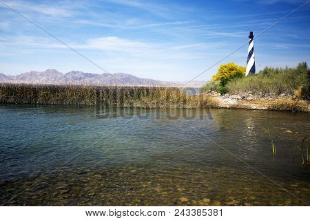 Miniature Lighthouse On The Shore Of Lake Havasu Near Lake Havasu City In Arizona