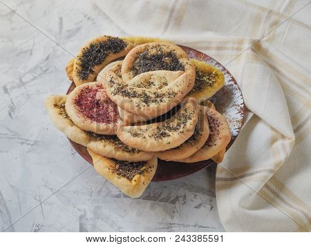 Wheat Tortillas With Herbs And Spices. Homemade Cake. Arabic Cuisine