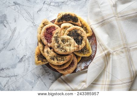 Wheat Tortillas With Herbs And Spices. Homemade Cake. Arabic Cuisine