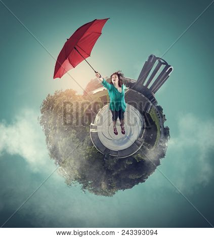 Woman Getting Off The Ground With An Umbrella. 360 Degree View Globe