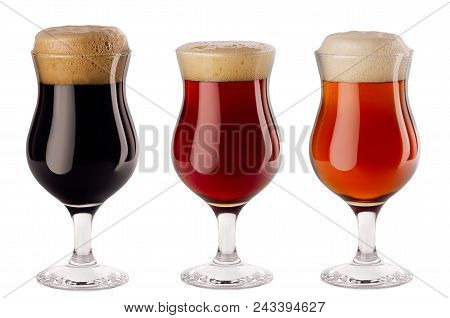 Beers Collection Poured In Wineglasses With Foam - Lager, Red Ale, Porter -  Isolated On White Backg