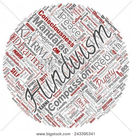 Conceptual hinduism, shiva, rama, yoga round circle red word cloud isolated background. Collage of mandalas, samsara, celebration, tradition, peace, compassion, rebirth, karma, dharma concept
