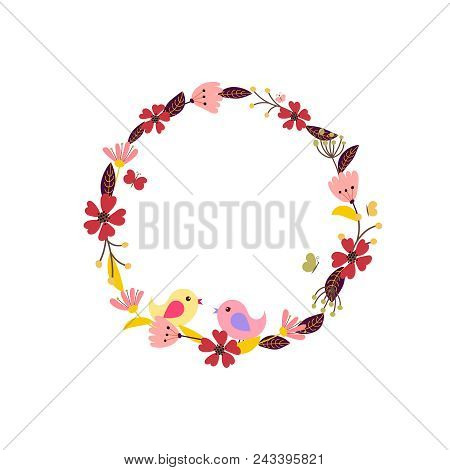 Vector Flower Wreath With Birds And Butterflies. Floral Frame For Greeting, Invitation, Wedding Card
