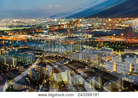 Blurred Bokeh Light Aerial View City Bokeh Light Double Exposure Train Track, Abstract Background