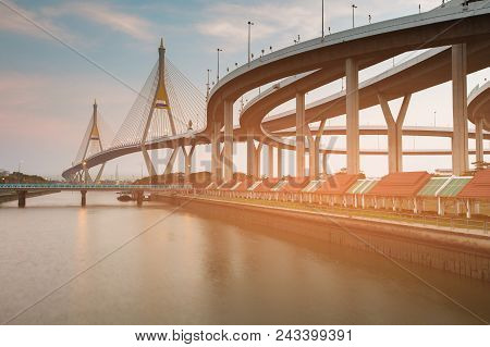 Twin Suspension Bridge River Front Connect Highway Intersection