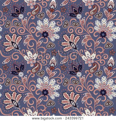 Hand Drawn Flower Seamless Pattern. Colorful Seamless Pattern With Pargeting Grunge Whimsical Flower