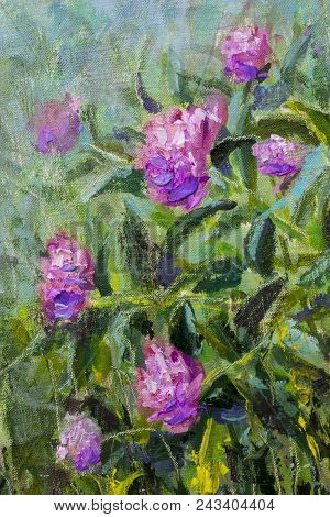 Original Handmade Abstract Oil Painting Bright Flowers Made Palette Knife. Red Violet Pink Abstract 