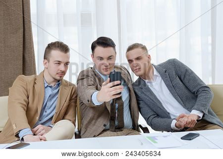 Selfie Addiction And Inflated Ego. Successful Business Men Taking Photos Of Themselves. Self-absorpt