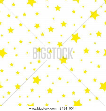 Seamless Pattern With Cute Yellow Hand Drawn Sky With Stars On White Background. Funny Festive Wrapp