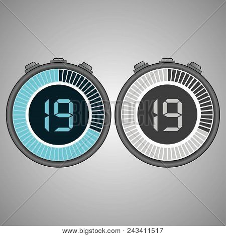 Electronic Digital Stopwatch. Timer 19 Seconds Isolated On Gray Background. Stopwatch Icon Set. Time