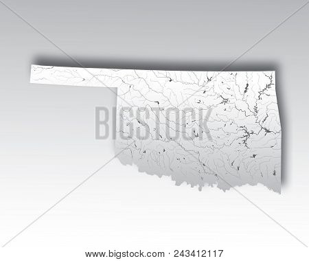 U.s. States - Map Of Oklahoma With Paper Cut Effect. Hand Made. Rivers And Lakes Are Shown. Please L