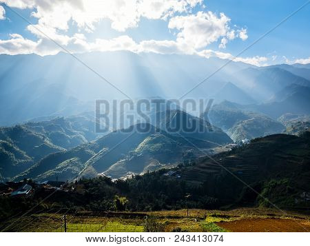 Panoramic View To The Mountains Of Vietnam With Bright Sun And Blue Sky