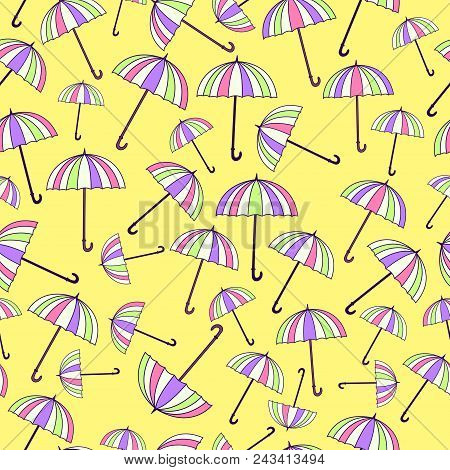 Seamless Pattern With Umbrellas On Yellow Background