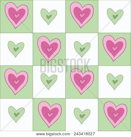 Seamless Checkered Green, White And Pink Background With Fun Hearts