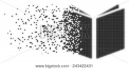 Dispersed Open Book Dotted Vector Icon With Disintegration Effect. Square Items Are Grouped Into Dis