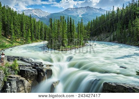 Jasper National Park, Canada. Sunwapta Falls With Small Island In The Middle Of The River. Long Expo