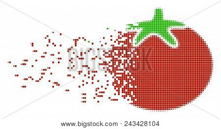 Dispersed Tomato Vegetable Dotted Vector Icon With Disintegration Effect. Rectangular Elements Are C