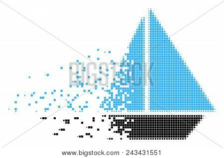Fractured Yacht Dot Vector Icon With Disintegration Effect. Square Elements Are Combined Into Dissol