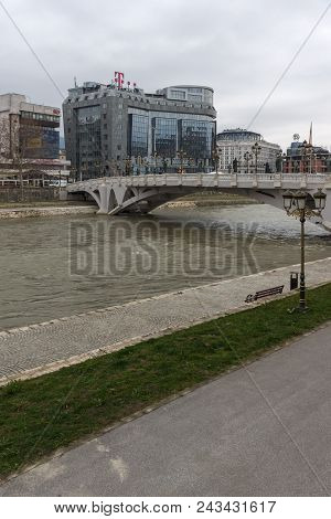 Skopje, Republic Of Macedonia - February 24, 2018: River Vardar Passing Through City Of Skopje Cente