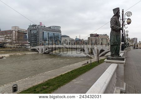 Skopje, Republic Of Macedonia - February 24, 2018: River Vardar Passing Through City Of Skopje Cente