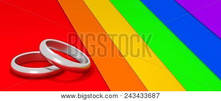 Two White Gold Engagement Rings On Rainbow Colored Background 3d Illustration. Gay Or Lesbian Marria