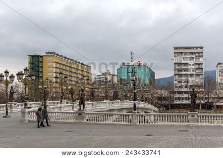 Skopje, Republic Of Macedonia - February 24, 2018:  Art Bridge And Vardar River  In City Of  Skopje,