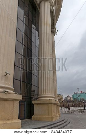 Skopje, Republic Of Macedonia - February 24, 2018:  Art Bridge And Vardar River  In City Of  Skopje,