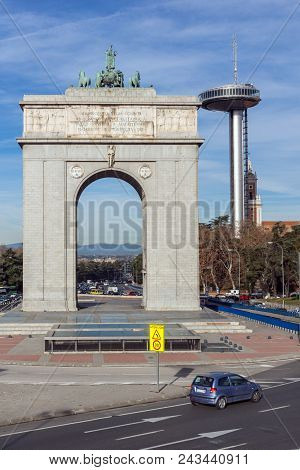 Madrid, Spain - January 23, 2018: Memory Arch And Lighthouse Of Moncloa In City Of Madrid, Spain