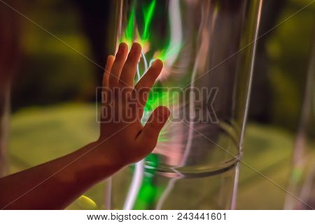 Closeup Of An Electric Energy Plasma Sphere. Glowing Electrostatic Ball. Copyspace. Science Power De