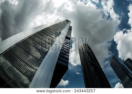 MADRID, SPAIN - MAY 11,2018: Four skyscraper tower in Cuatro Torres Business Area on May 11, 2018 in Madrid, Spain.