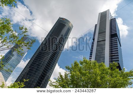 MADRID, SPAIN - MAY 11,2018: Four skyscraper tower in Cuatro Torres Business Area on May 11, 2018 in Madrid, Spain.