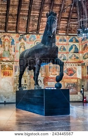 Padua, Italy - April 28: Wooden Sculpture Of A Horse Inside Palazzo Della Ragione, A Medieval Town H